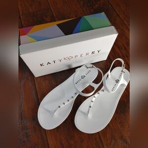 Katy Perry white evil eye strappy sandals